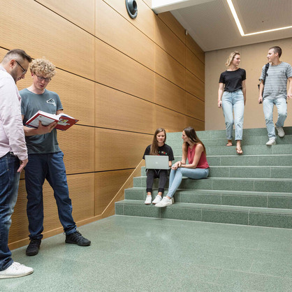 Gruppe auf der Treppe Zwei Studierende laufen eine Treppe herunter, zwei sitzen auf der Treppe und zwei stehen davor.
